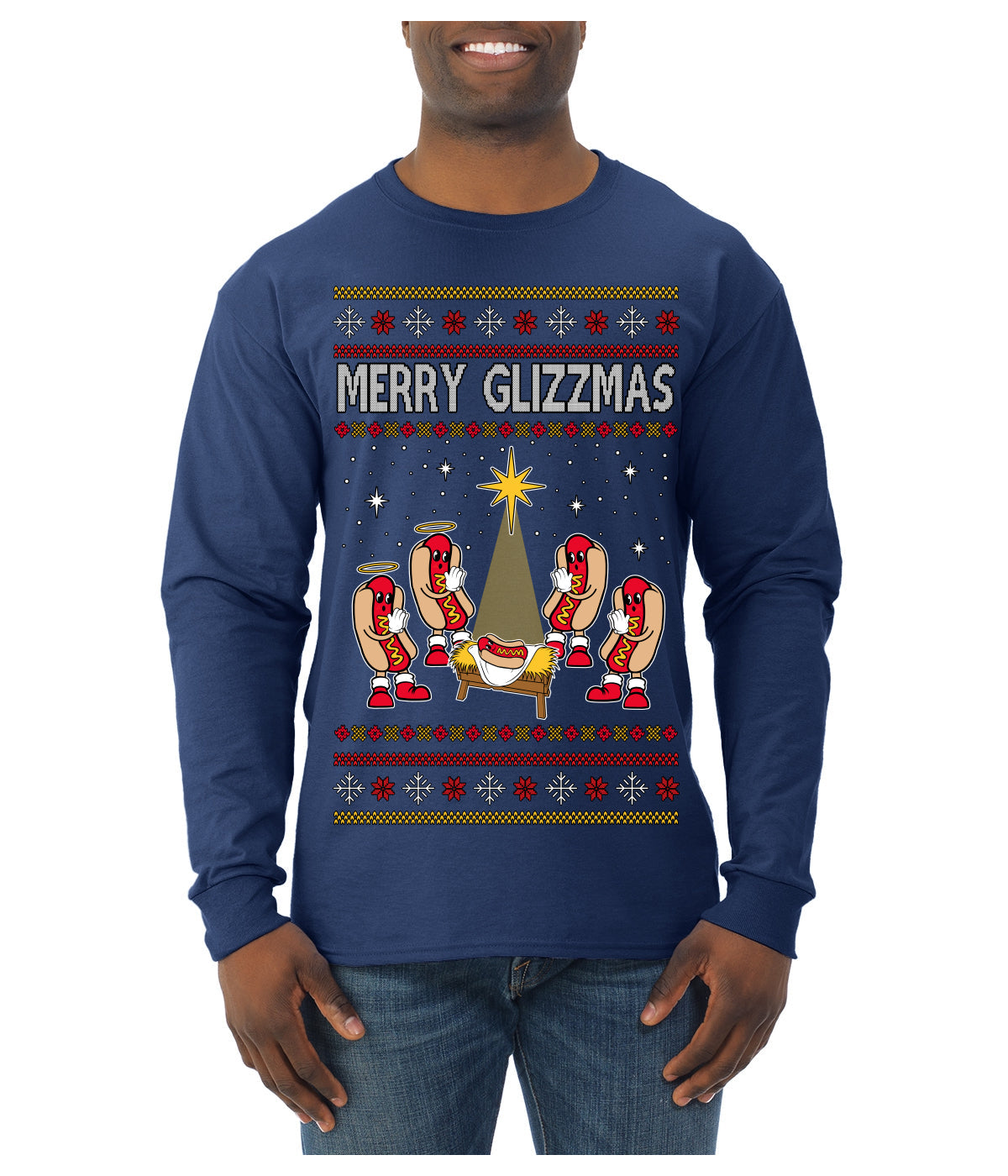 Merry Glizzmas, Funny Glizzy Hot Dog Baby Jesus Catholic Nativity, Fast Food Mustard Condiment Glizzys Humor Ugly Christmas Sweater Mens Long Sleeve Shirt