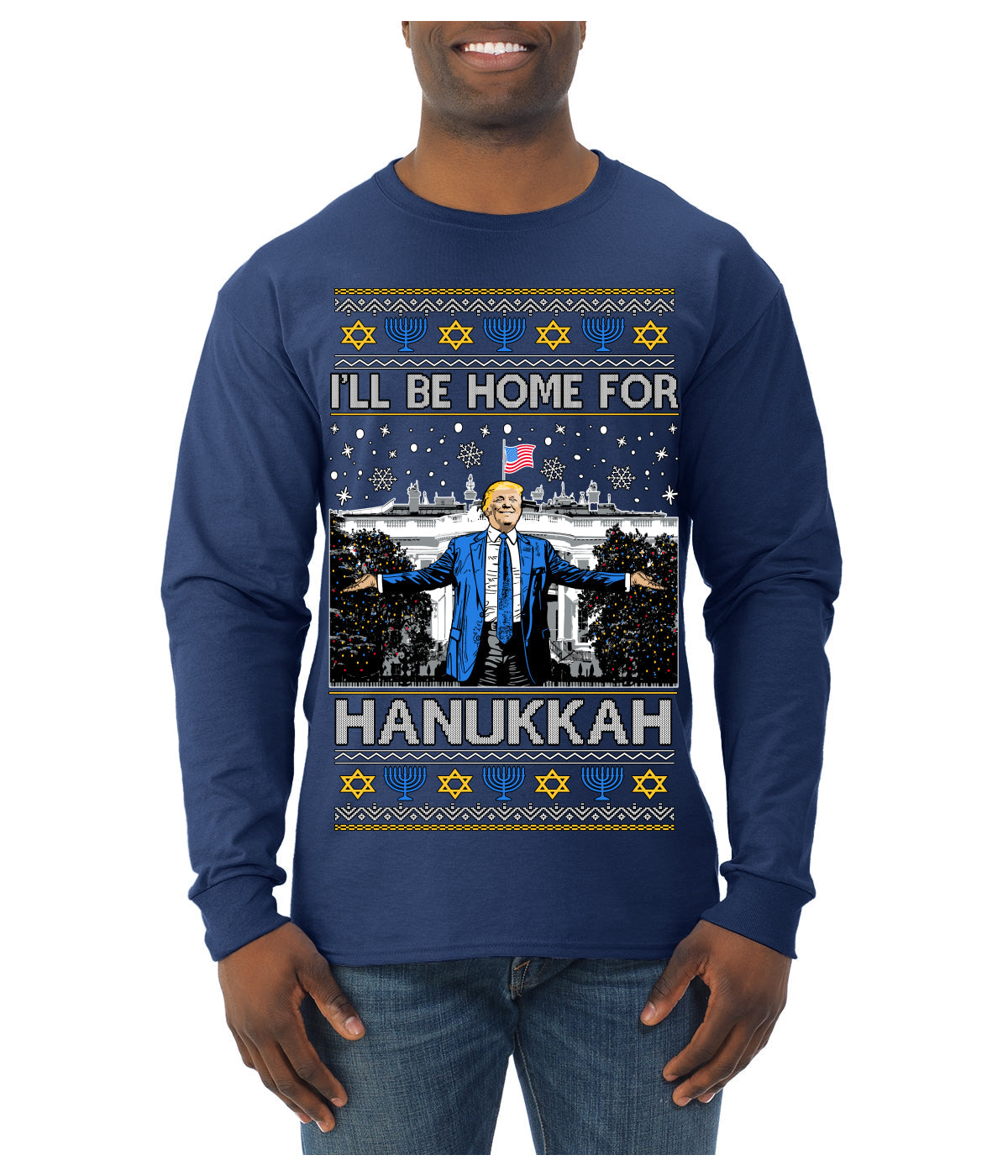 I'll Be Home for Hanukkah, Funny President Donald Trump JD Vance Winter Holiday Chanukah Hannukkah Channukah Ugly Christmas Sweater Mens Long Sleeve Shirt