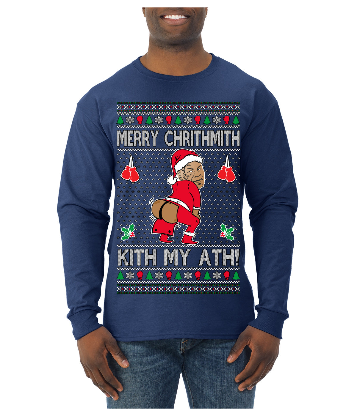 Merry Chrithmith Kith My Ath, Funny Butt Dancing, Viral Kiss My Ass Boxing Fight Meme, Men Women Ugly Christmas Sweater Mens Long Sleeve Shirt