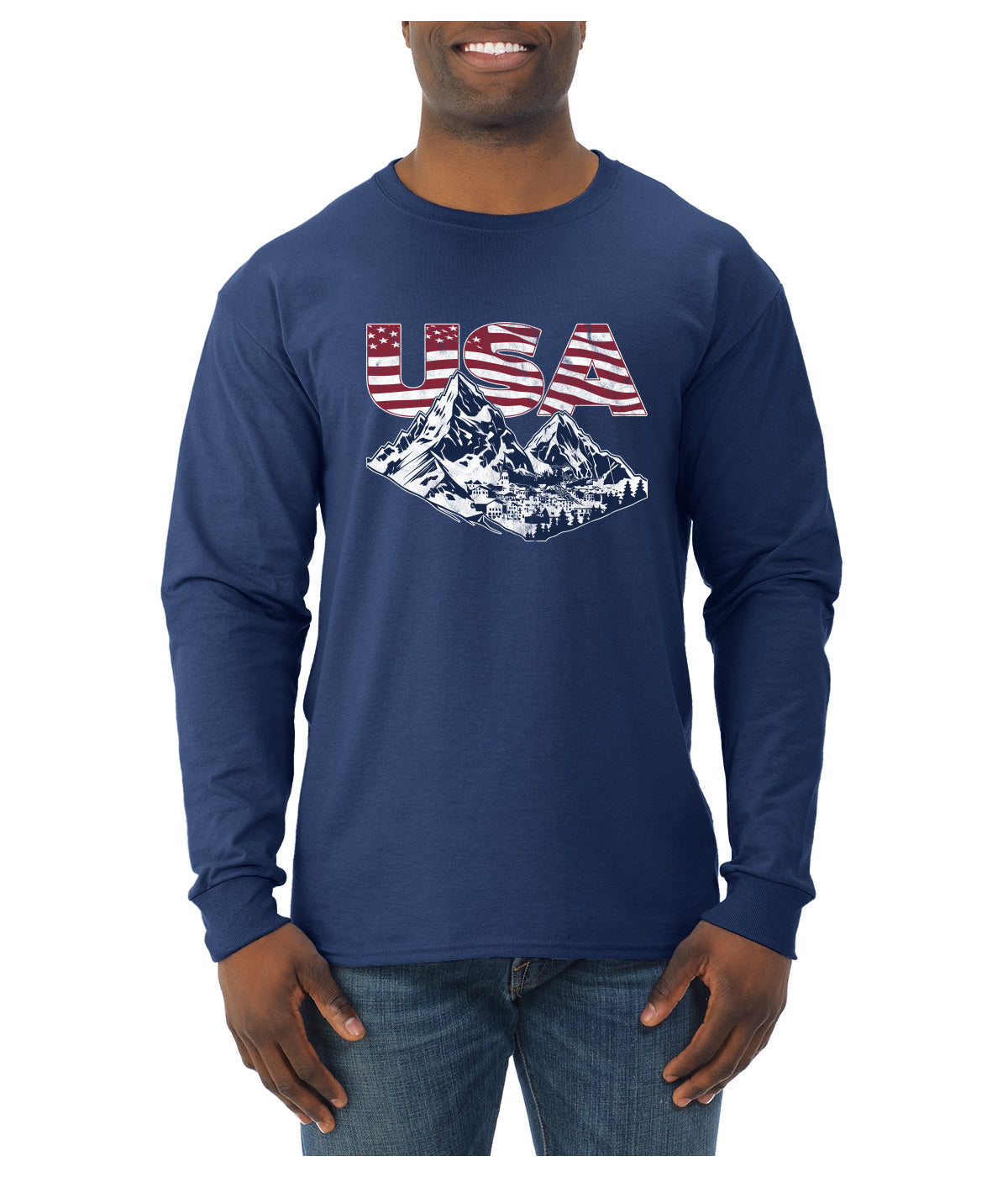 USA Winter Team Sports Fan Collection | USA Flag Mountainscape Sweater, Unisex Mens Long Sleeve Shirt