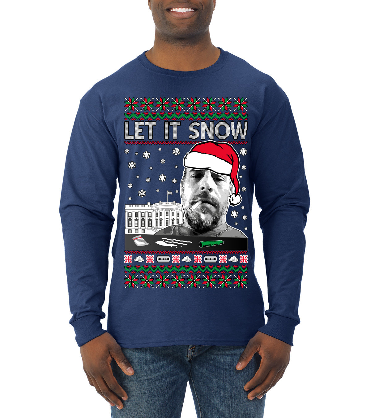 Hunter Let It Snow Biden Ugly Christmas Sweater Mens Long Sleeve Shirt
