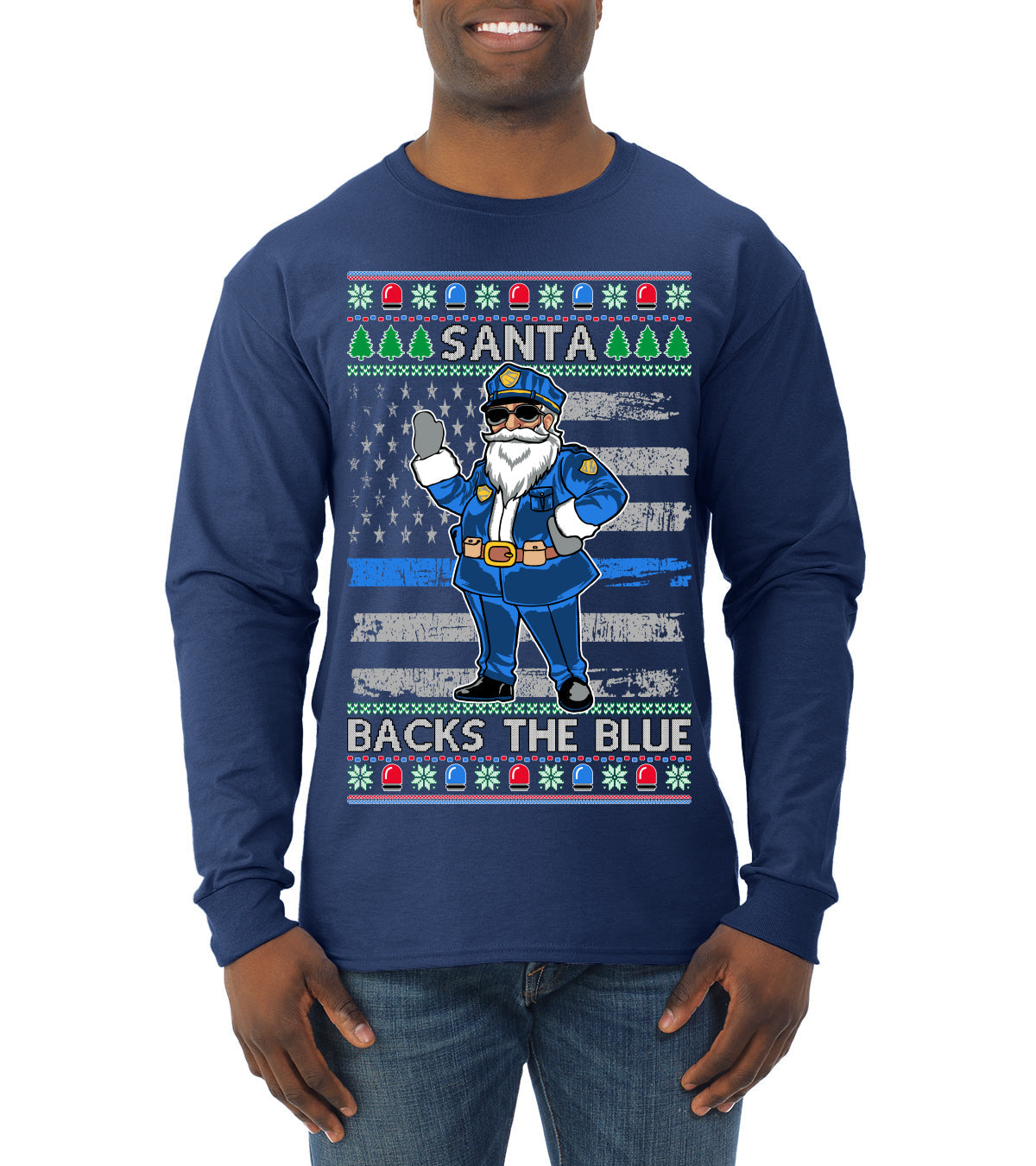 Santa Backs The Blue Pro Police Santa Claus Ugly Christmas Sweater Mens Long Sleeve Shirt
