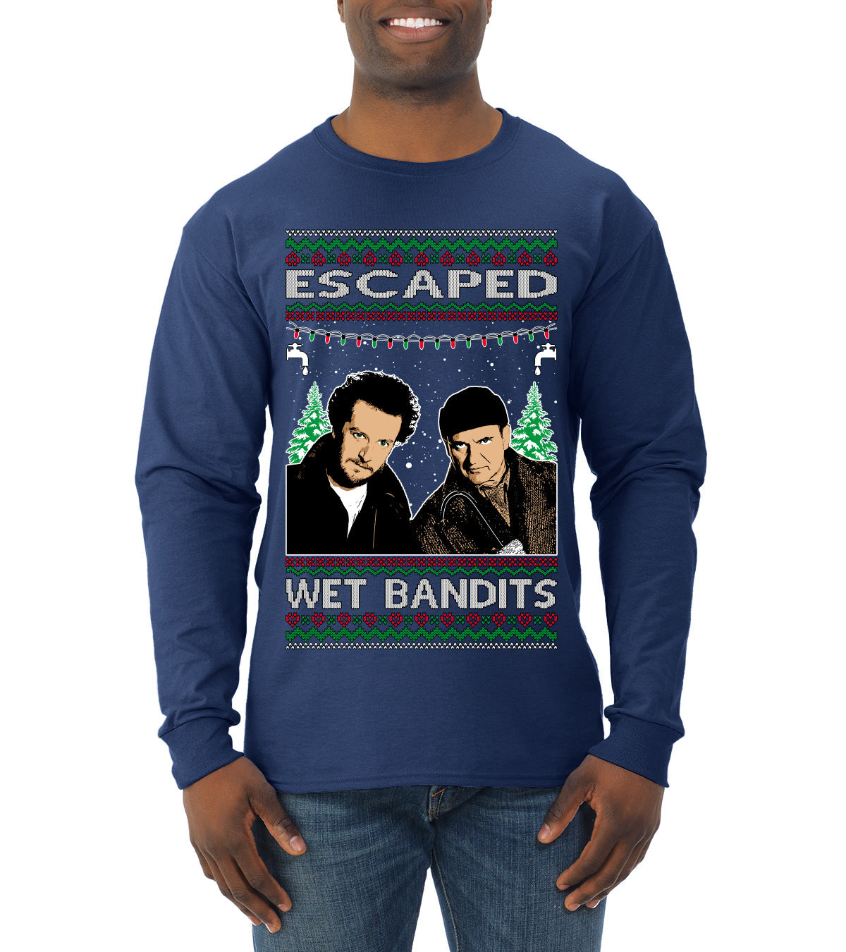 Escaped Bandits Classic Home Holiday Movie Ugly Christmas Sweater Mens Long Sleeve Shirt