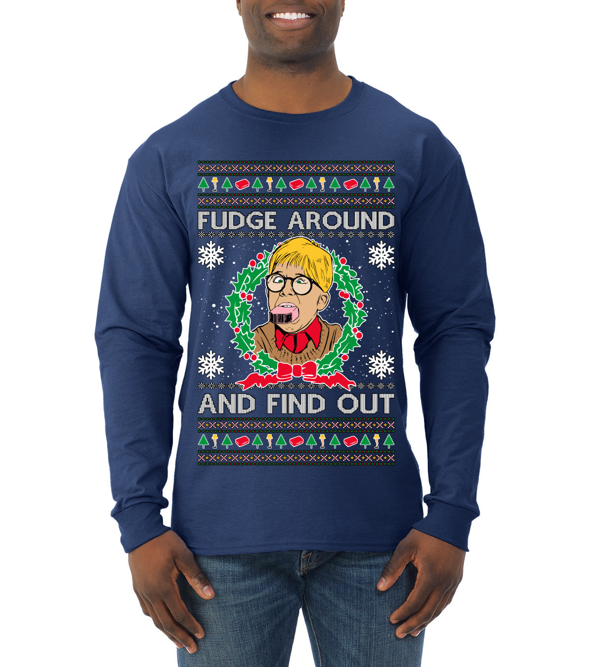 Fudge Around And Find Out Story Ugly Christmas Sweater Mens Long Sleeve Shirt