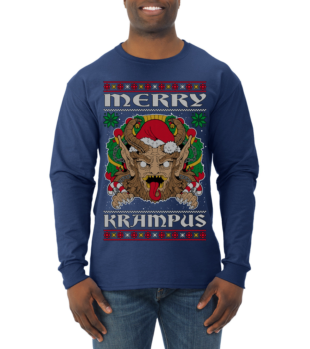 Merry Krampus Santa Folklore Figure Horror Ugly Christmas Sweater Mens Long Sleeve Shirt