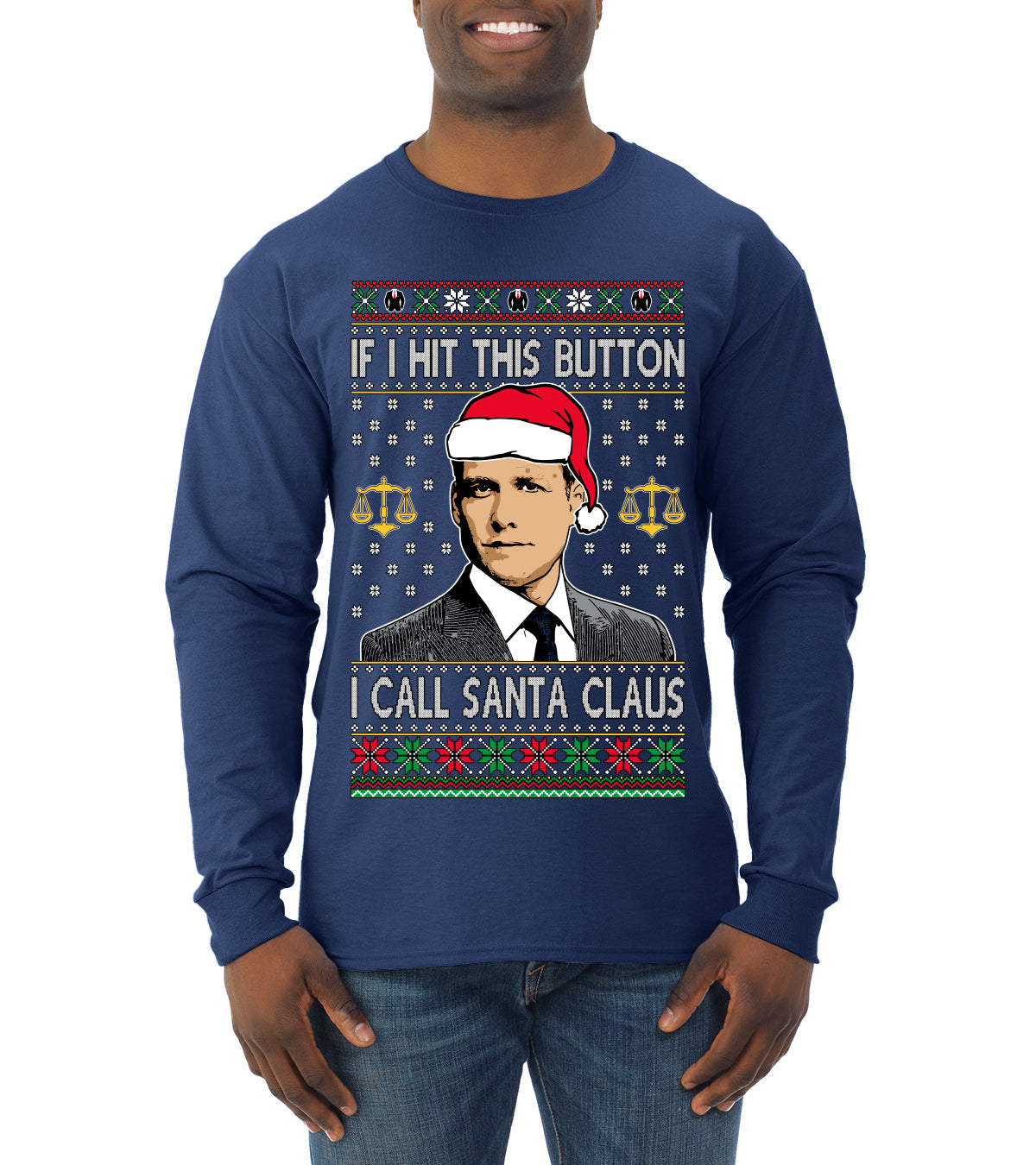 Harvey Hit This Button I Call Santa Specter TV Show Parody Ugly Christmas Sweater Mens Long Sleeve Shirt