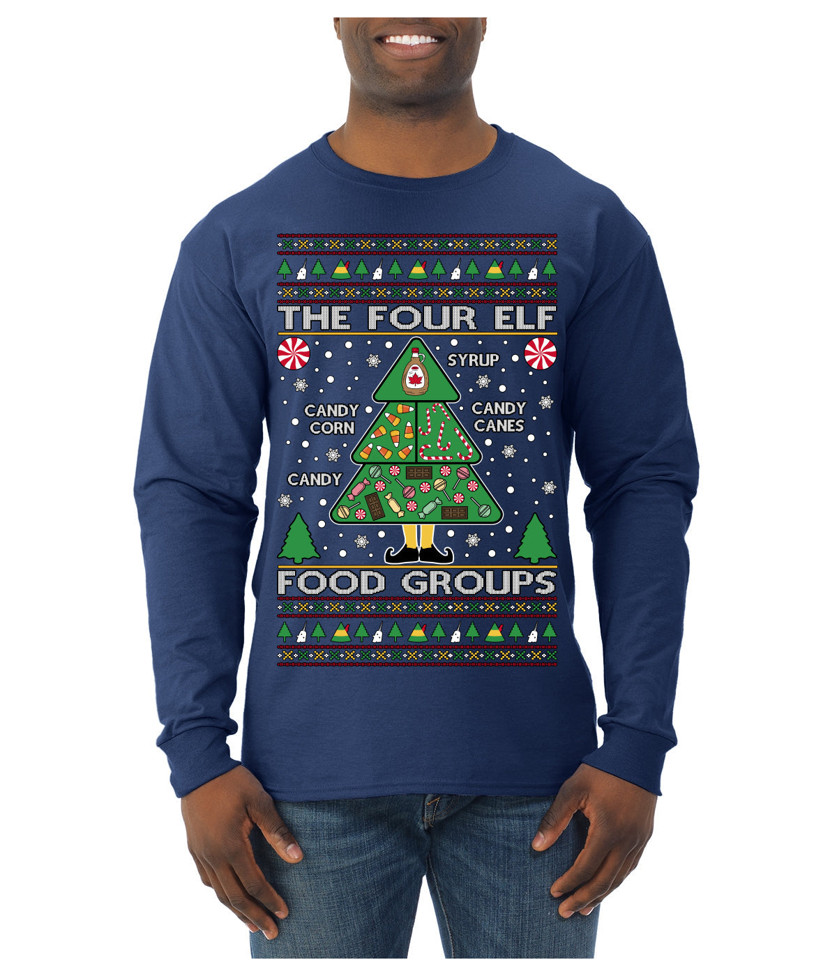 The Four Elf Food Groups Candy Canes Syrup Funny Ugly Christmas Sweater Mens Long Sleeve Shirt