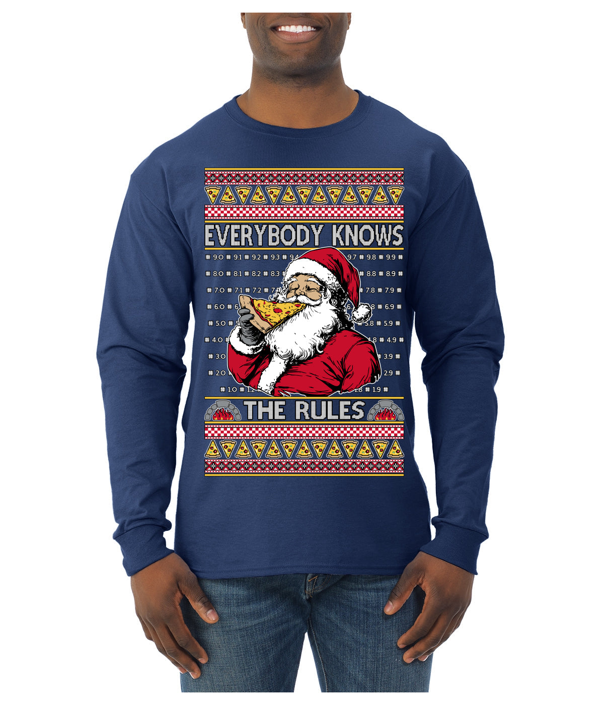 Everybody Knows the Rules Funny Santa Claus Pizza Score Ugly Christmas Sweater Mens Long Sleeve Shirt