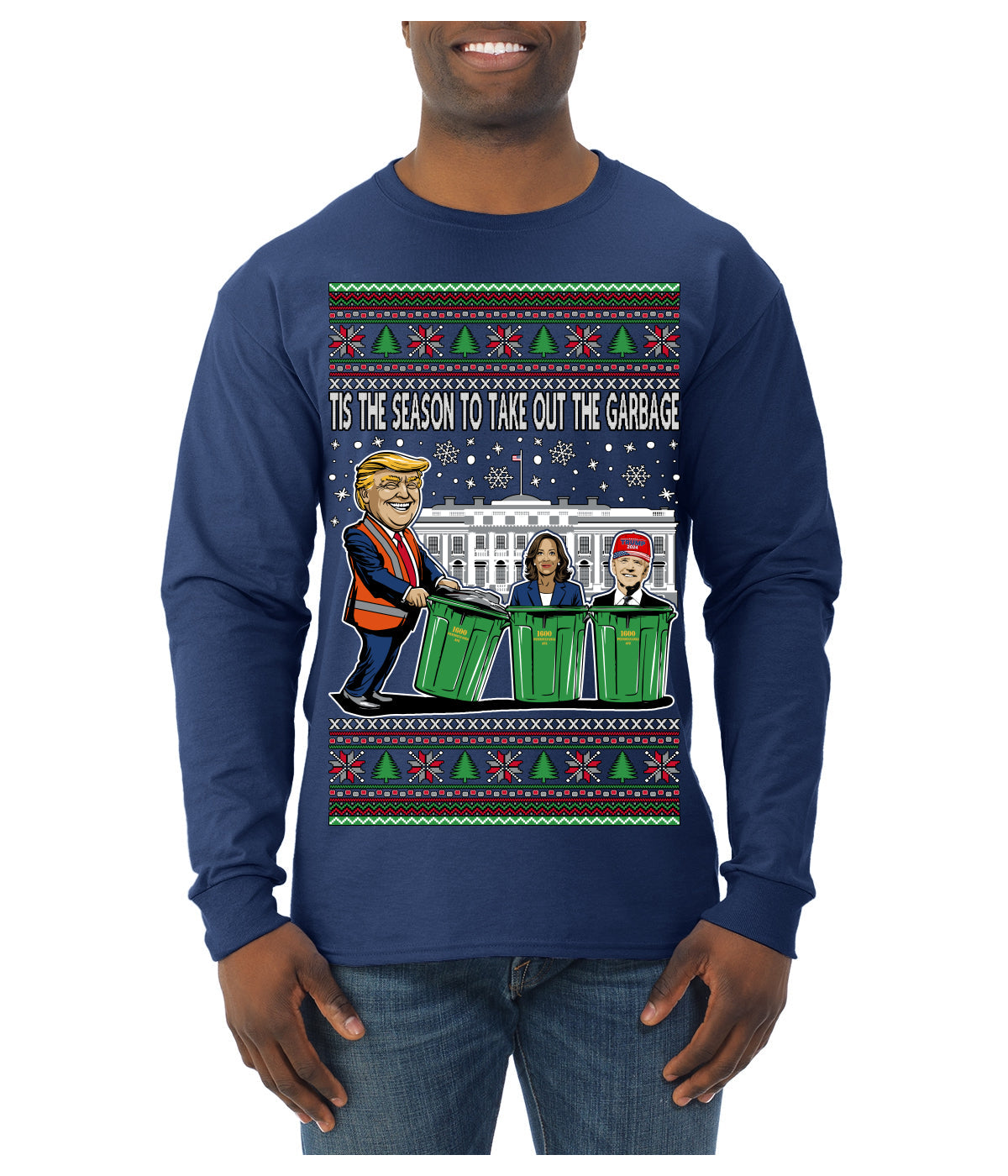Tis the Season to Take Out the Garbage President Trump Ugly Christmas Sweater Mens Long Sleeve Shirt