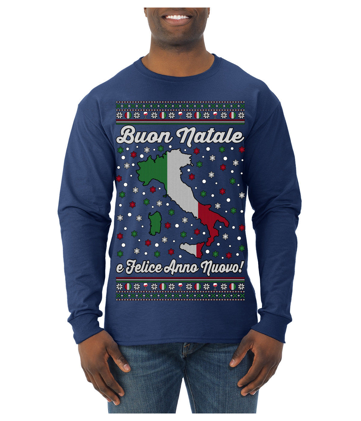 Buon Natale e Felice Anno Nuovo! Merry Christmas and Happy New Year Ugly Christmas Sweater Mens Long Sleeve Shirt