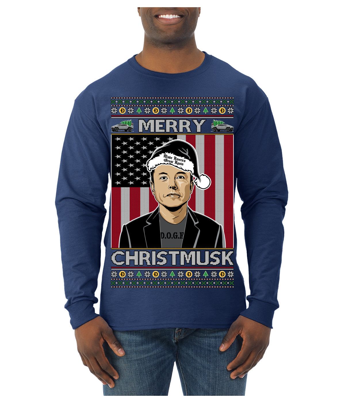 Merry Christmusk Funny Dark MAGA Santa Elon Doge Meme Ugly Christmas Sweater Mens Long Sleeve Shirt