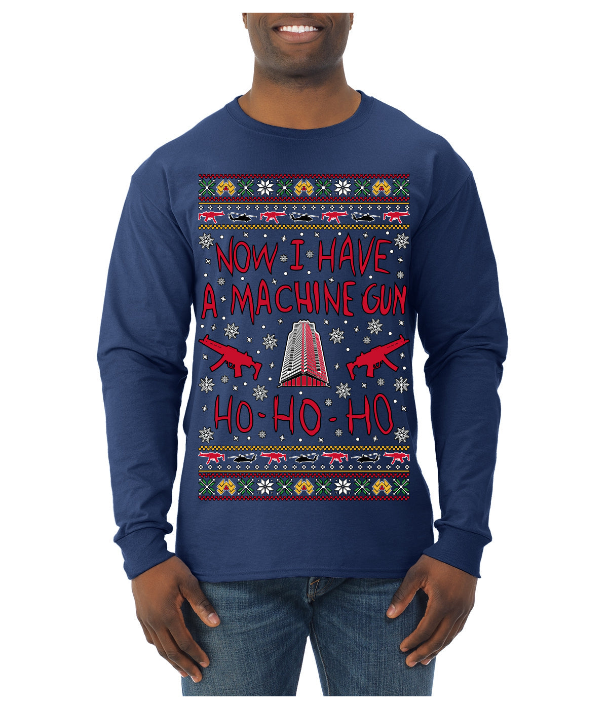 Now I Have a Machine Gun Ho Ho Ho Nakatomi Die Hard McClane Classic 80s Xmas Movie Ugly Christmas Sweater Mens Long Sleeve Shirt