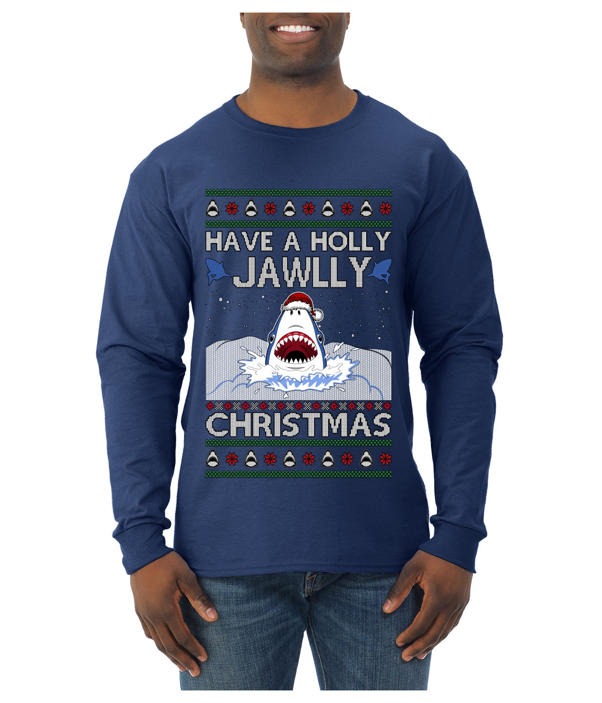 Have a Holly Jawlly Christmas, Cute Shark, Ugly Christmas Sweater Mens Long Sleeve Shirt