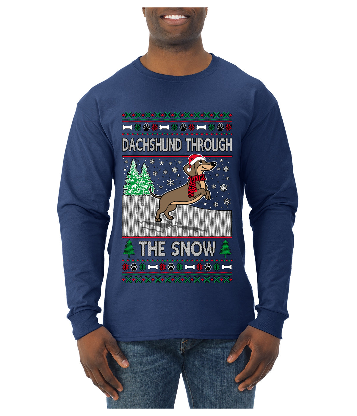 Dachshund Through The Snow, Cute Dog Christmas Sweater, Ugly Christmas Sweater Mens Long Sleeve Shirt