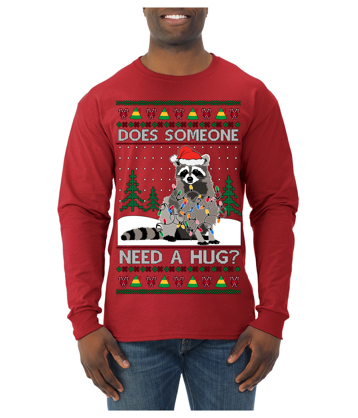 Does Someone Need a Hug? Cute Raccoon Ugly Christmas Sweater Mens Long Sleeve Shirt