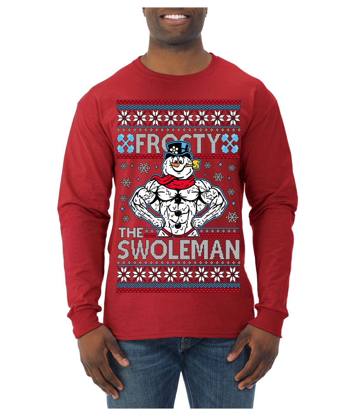 Frosty the Swoleman Funny Workout Lifting Snowman MovieUgly Christmas Sweater Mens Long Sleeve Shirt