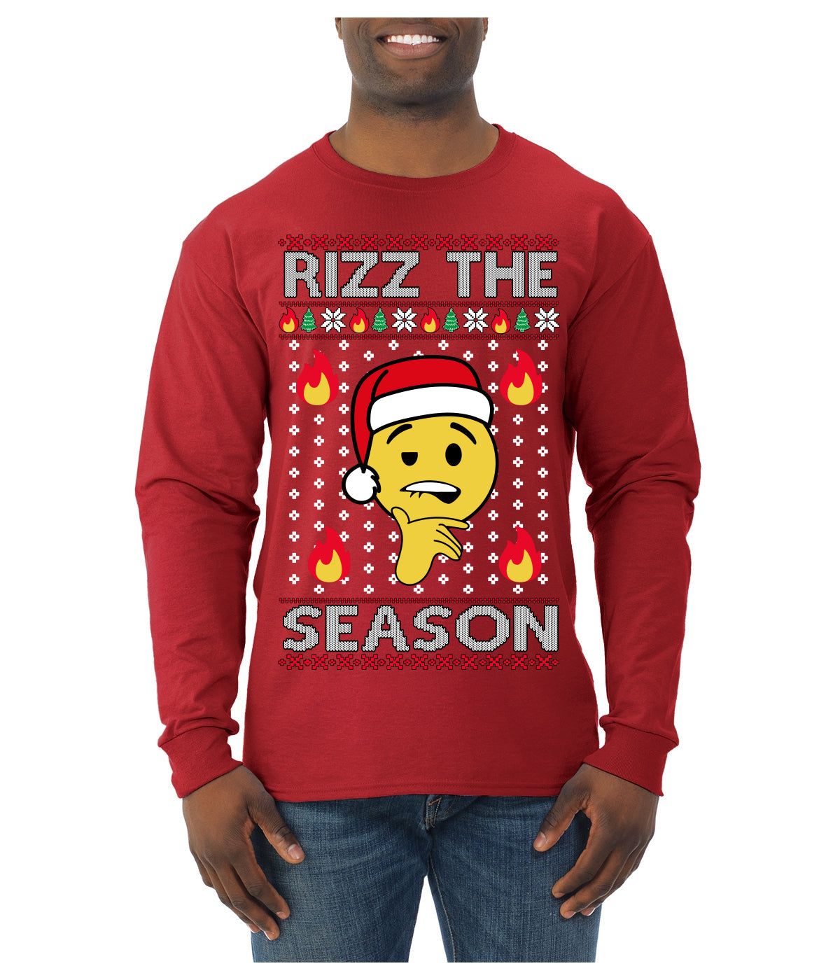 Rizz the Season Viral Internet Fire Emoji Face Meme Ugly Christmas Sweater Mens Long Sleeve Shirt