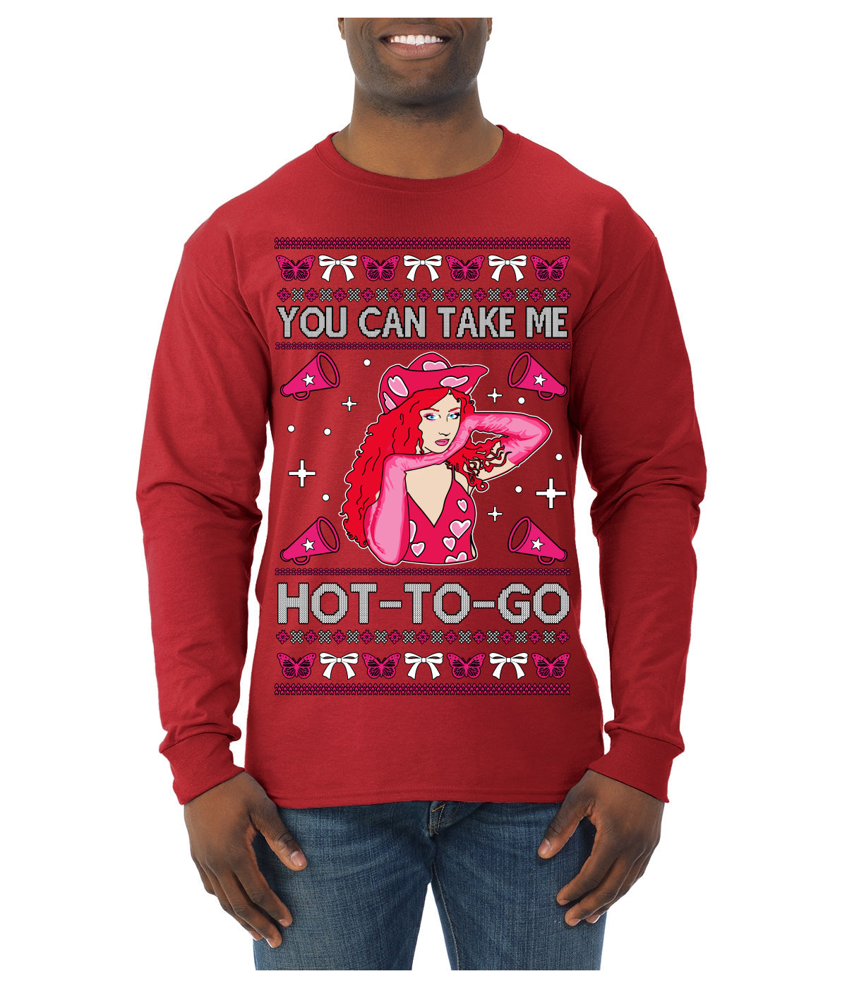 You Can Take Me Hot to Go, Funny Midwest Princess Pop Star Ugly Christmas Sweater Mens Long Sleeve Shirt