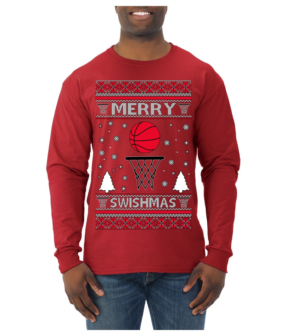Merry Swishmas Basketball Sports Ugly Christmas Sweater Mens Long Sleeve Shirt