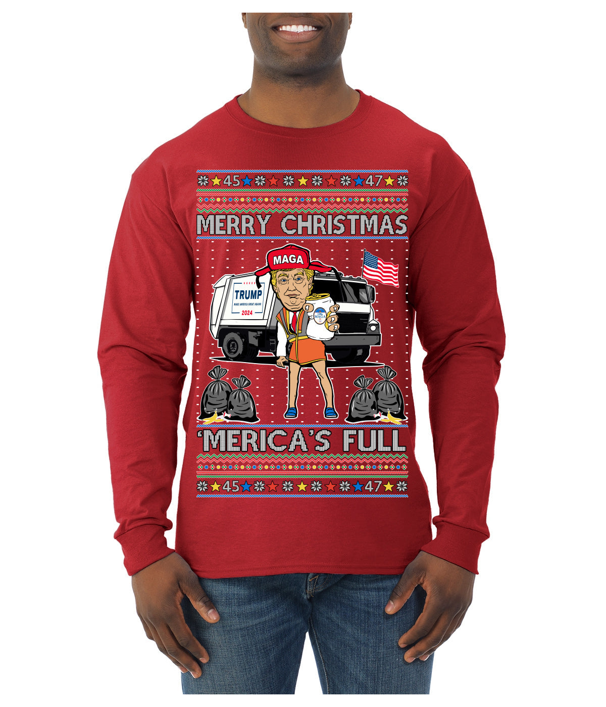 Donald Trump Merry Christmas Merica's Full Garbage Truck Ugly Christmas Sweater Mens Long Sleeve Shirt