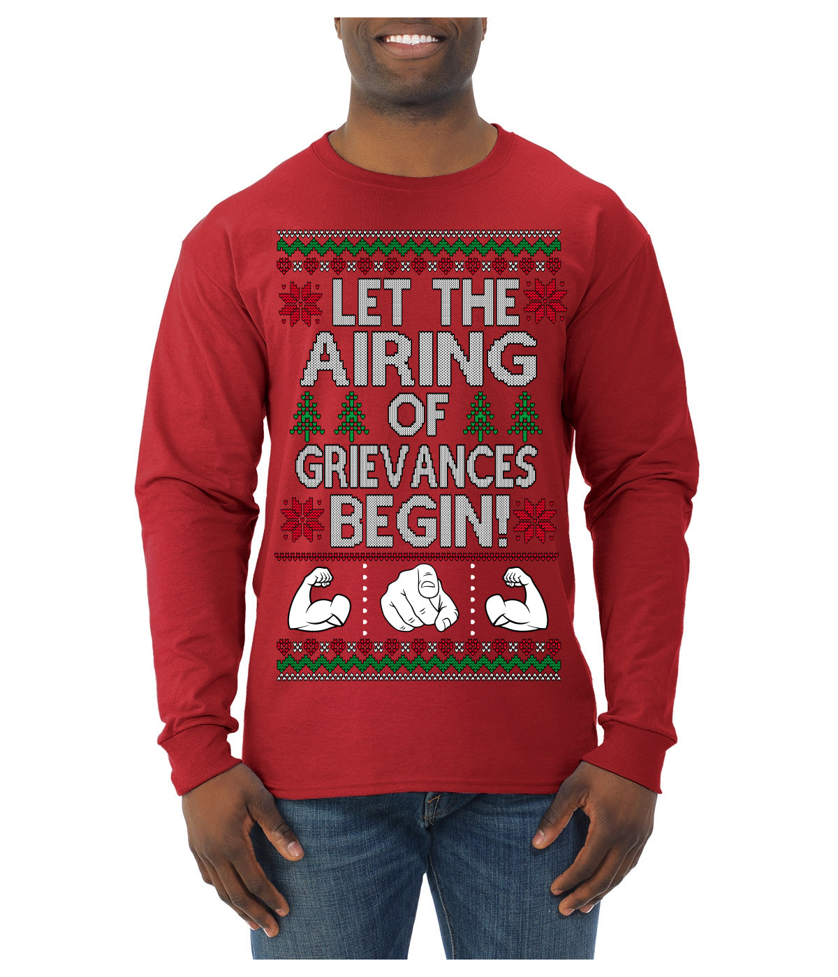 Let the Airing of Grievances Begin Funny TV Sitcom Festivus Ugly Christmas Sweater Mens Long Sleeve Shirt