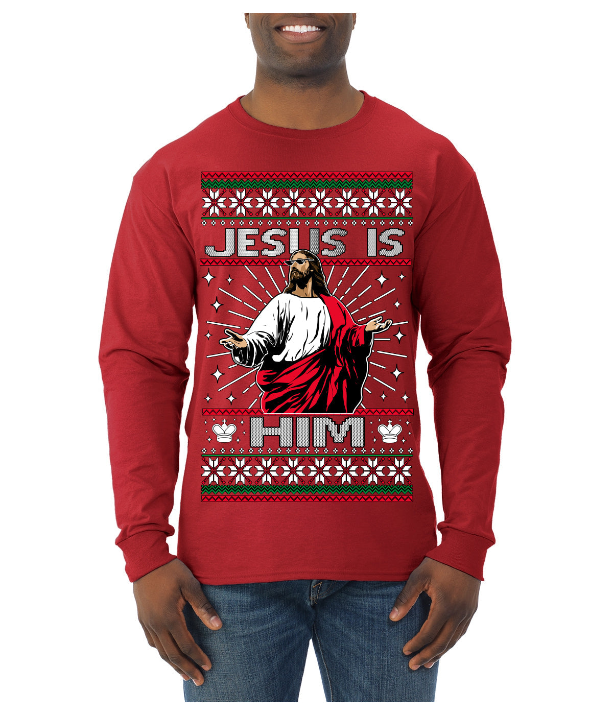Jesus Is Him Funny Gen Z Viral Meme Shades Slang Ugly Christmas Sweater Mens Long Sleeve Shirt