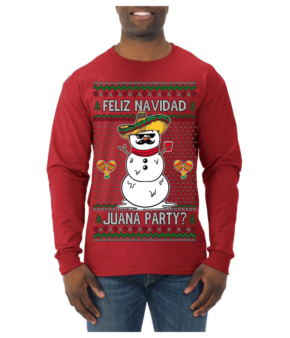 Feliz Navidad Juana Party Funny Spanish Drinking Cerveza Ugly Christmas Sweater Mens Long Sleeve Shirt