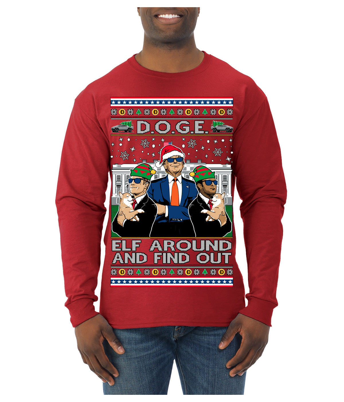 Doge Elf Around and Find Out Trump Elon Vivek MAGA Ugly Christmas Sweater Mens Long Sleeve Shirt