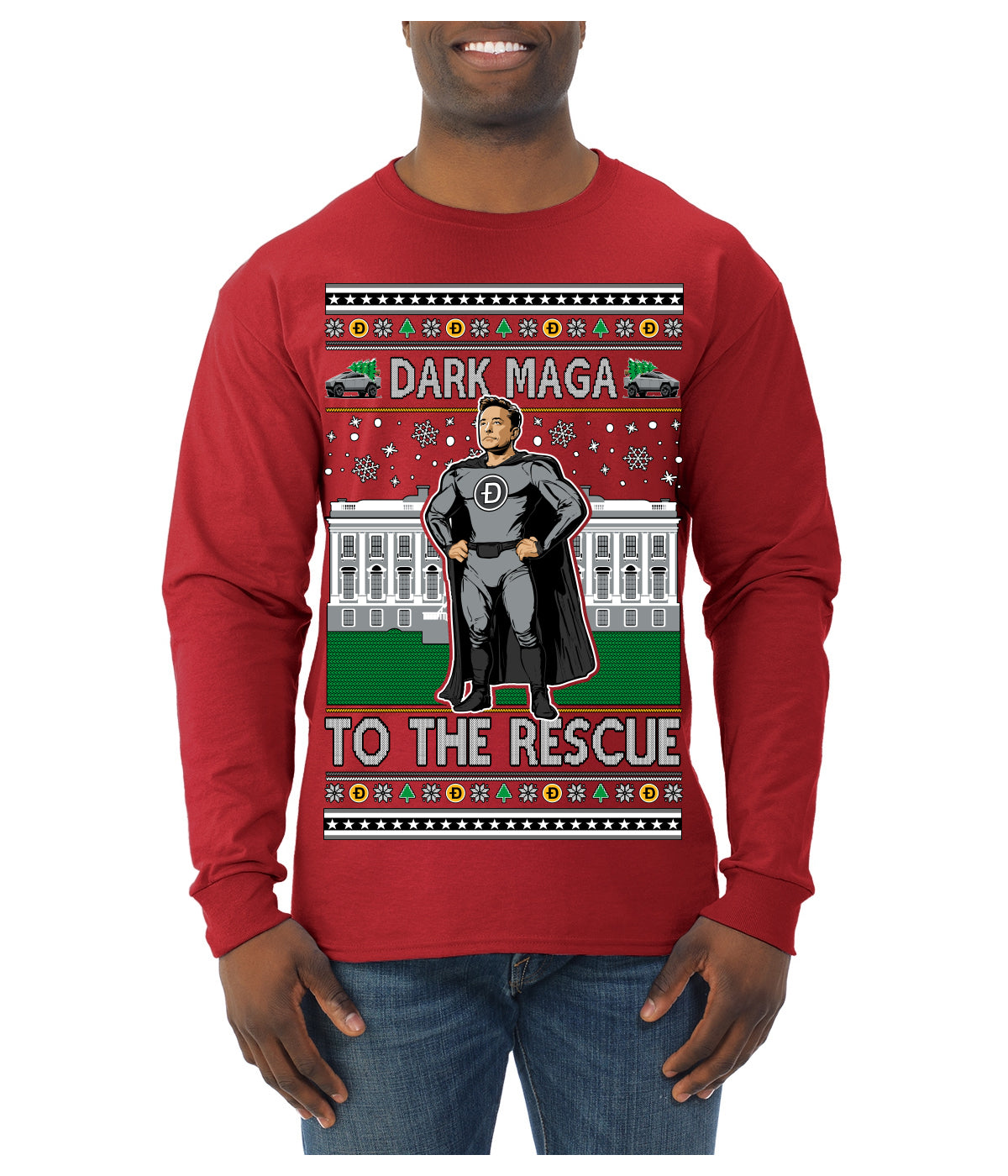Dark MAGA to the Rescue Elon Superhero Doge Crypto Ugly Christmas Sweater Mens Long Sleeve Shirt
