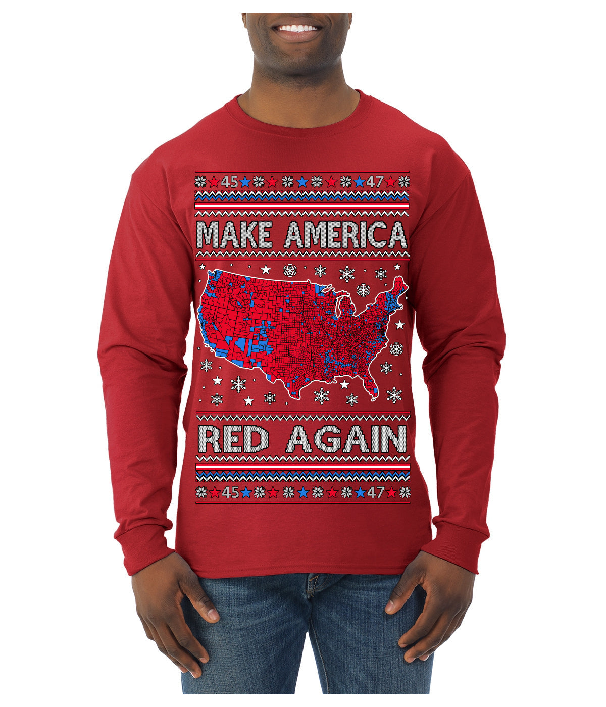 Make America Red Again USA Map Trump 2024 MAGA Ugly Christmas Sweater Mens Long Sleeve Shirt