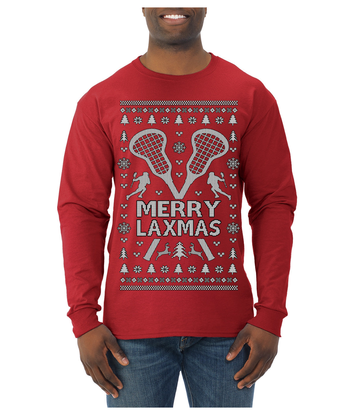 Merry Laxmas Funny Lacrosse Sports LAX Teen Sports Pun Ugly Christmas Sweater Mens Long Sleeve Shirt