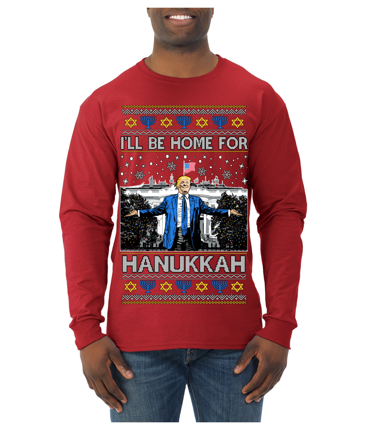 I'll Be Home for Hanukkah, Funny President Donald Trump JD Vance Winter Holiday Chanukah Hannukkah Channukah Ugly Christmas Sweater Mens Long Sleeve Shirt