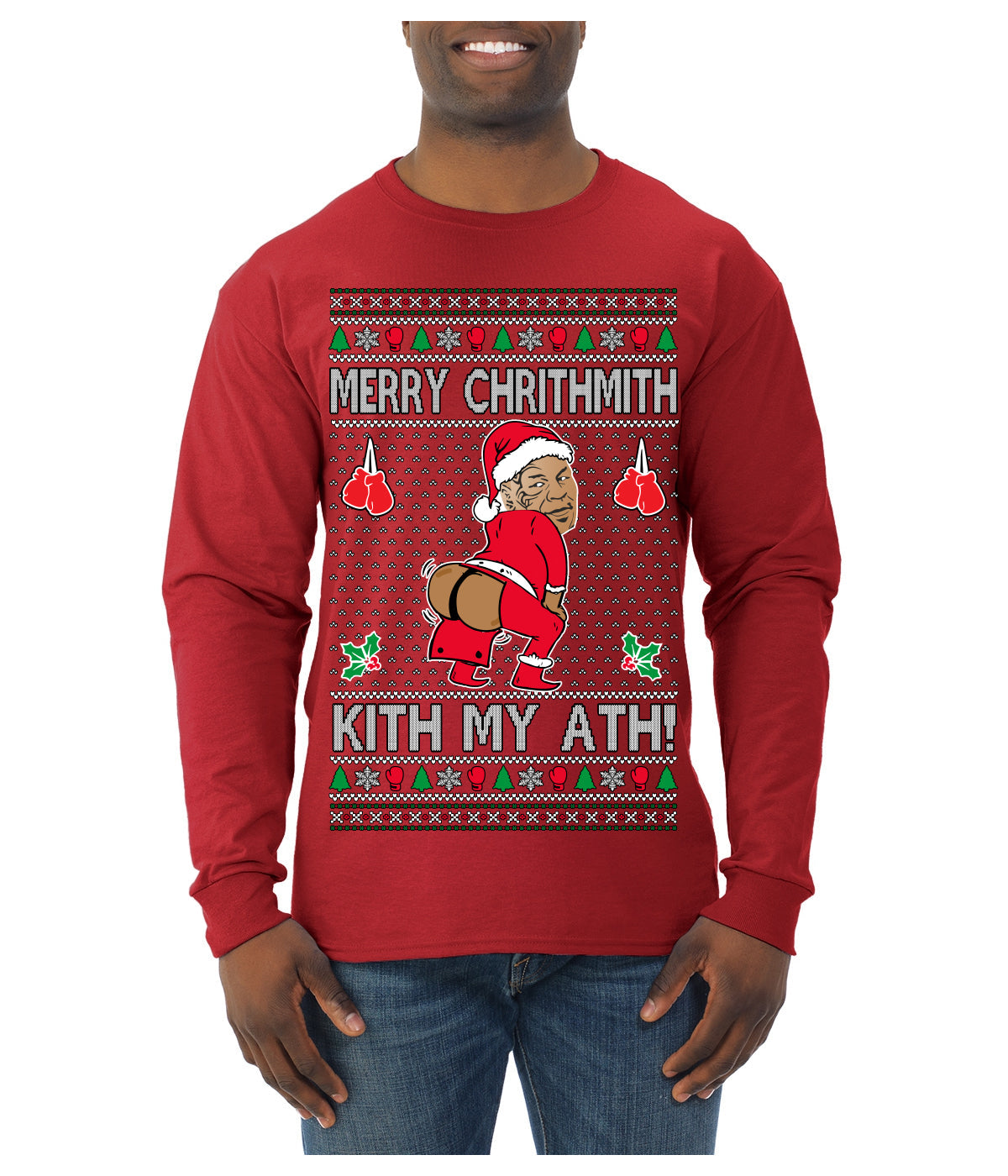 Merry Chrithmith Kith My Ath, Funny Butt Dancing, Viral Kiss My Ass Boxing Fight Meme, Men Women Ugly Christmas Sweater Mens Long Sleeve Shirt