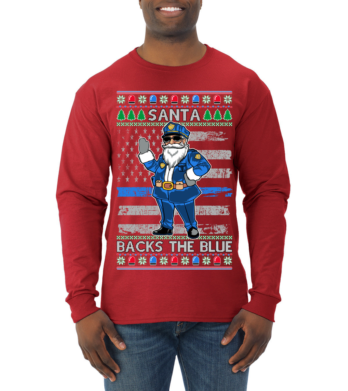 Santa Backs The Blue Pro Police Santa Claus Ugly Christmas Sweater Mens Long Sleeve Shirt