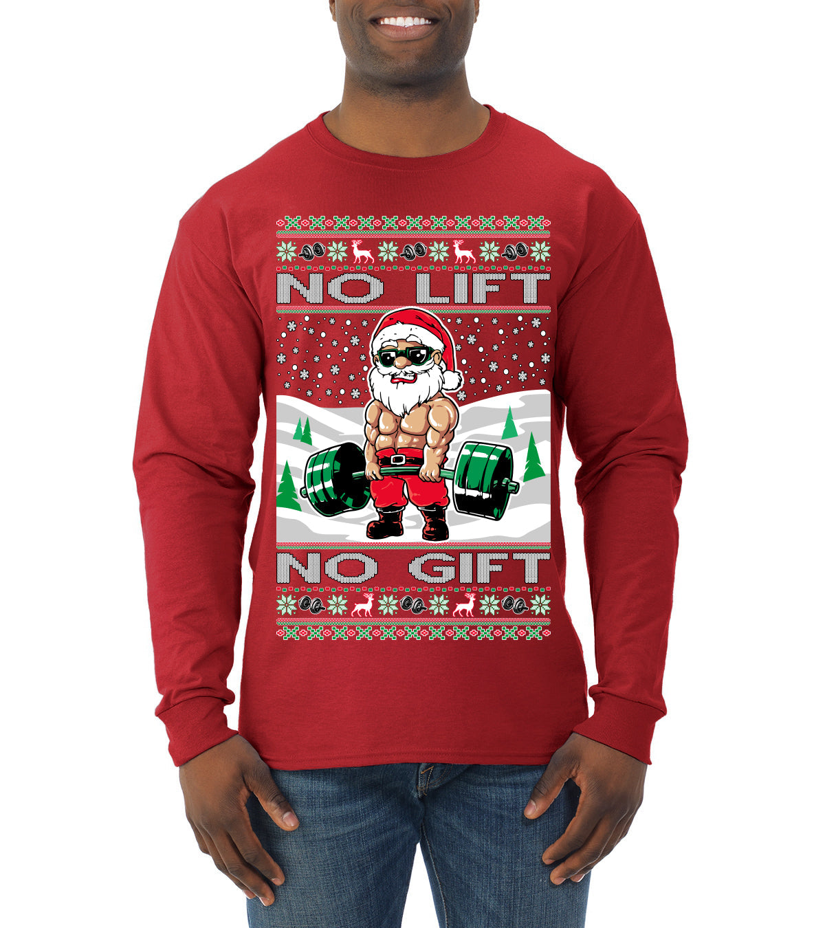 No Lift No Gift Fitness Workout Santa Ugly Christmas Sweater Mens Long Sleeve Shirt