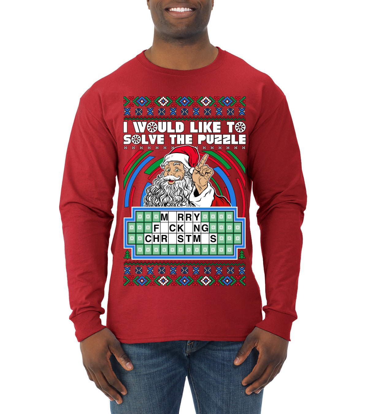 Santa Game Show I'd Like To Solve the Puzzle Wheel Ugly Christmas Sweater Mens Long Sleeve Shirt