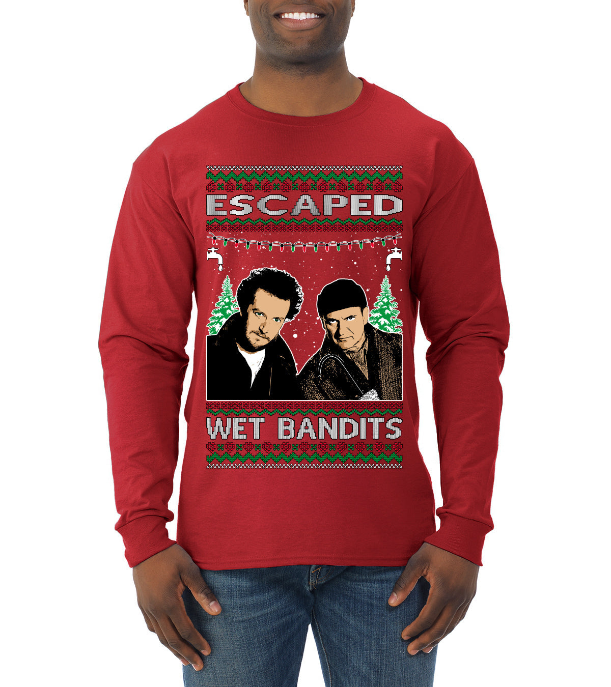 Escaped Bandits Classic Home Holiday Movie Ugly Christmas Sweater Mens Long Sleeve Shirt
