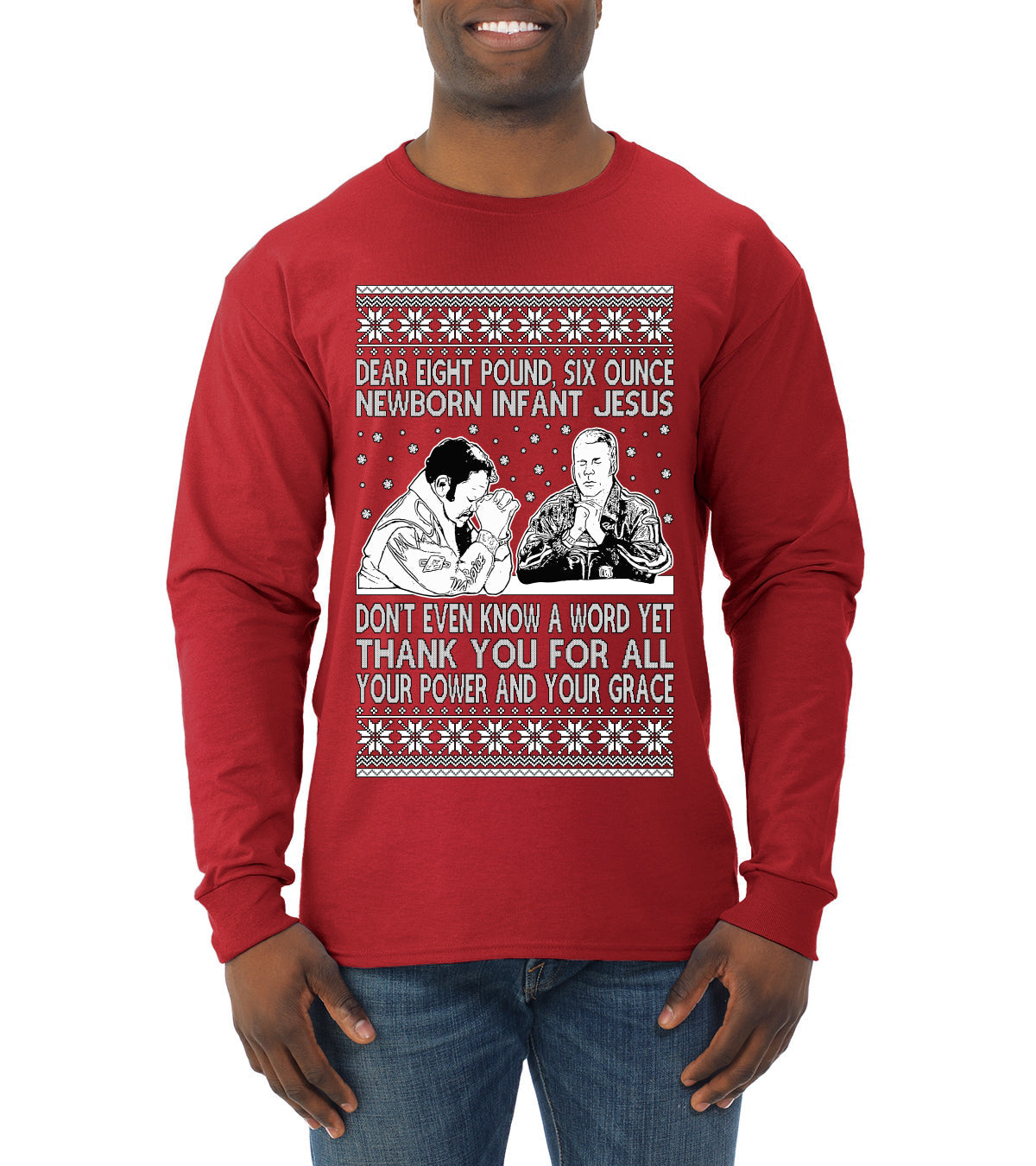 8 Pound 6 Ounce Baby Jesus Shake and Bake  Ugly Christmas Sweater Mens Long Sleeve Shirt