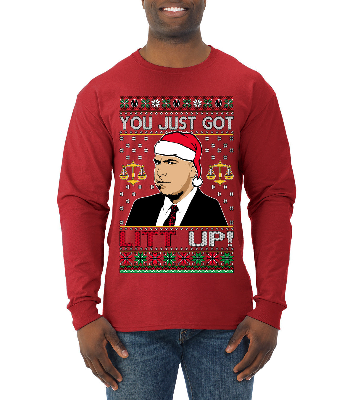 Just Got Litt Up Louis Tv Show Parody Ugly Christmas Sweater Mens Long Sleeve Shirt