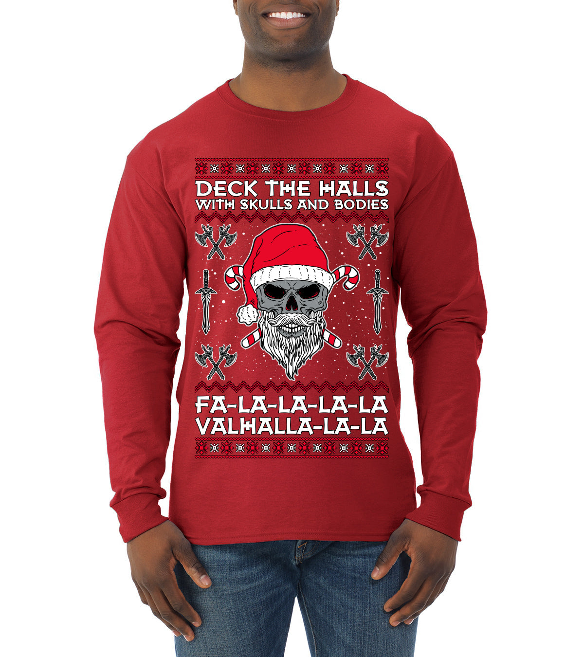 Valhalla Deck The Halls With Skulls & Bodies Ugly Christmas Sweater Mens Long Sleeve Shirt