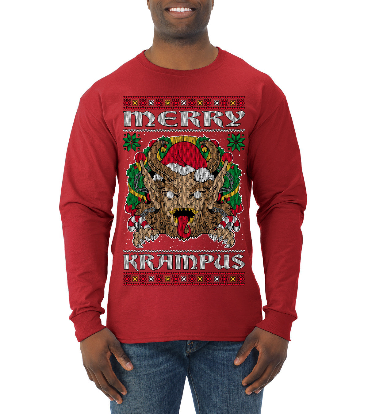 Merry Krampus Santa Folklore Figure Horror Ugly Christmas Sweater Mens Long Sleeve Shirt