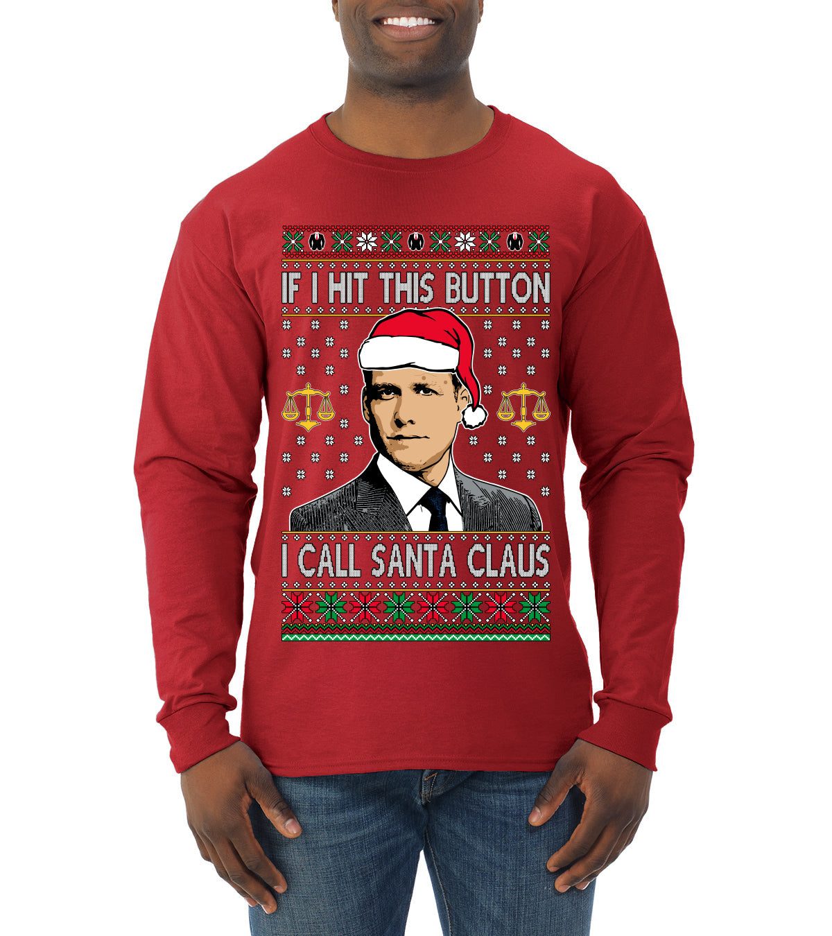 Harvey Hit This Button I Call Santa Specter TV Show Parody Ugly Christmas Sweater Mens Long Sleeve Shirt