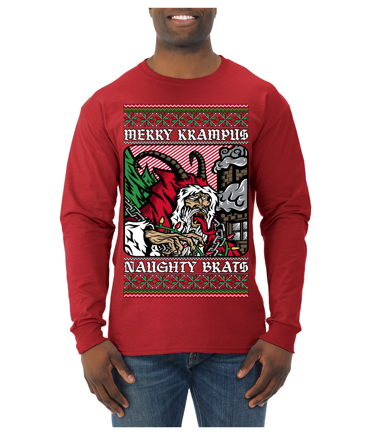Merry Krampus Naughty Brats | Funny Ugly Christmas Sweater Mens Long Sleeve Shirt