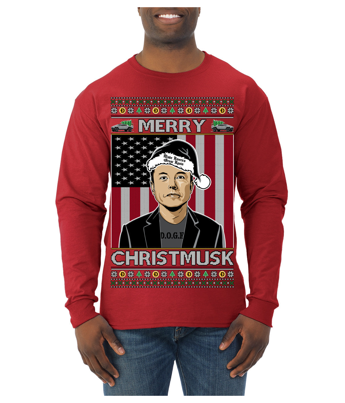Merry Christmusk Funny Dark MAGA Santa Elon Doge Meme Ugly Christmas Sweater Mens Long Sleeve Shirt