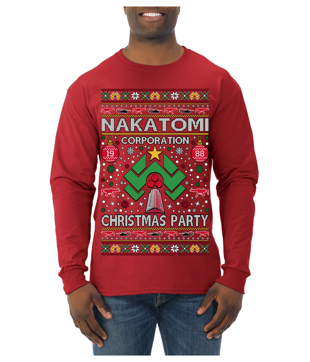 Nakatomi Corporation Christmas Party 1988 Plaza Logo, Classic Die Hard McClane 80s Xmas Movie Quote Ugly Christmas Sweater Mens Long Sleeve Shirt