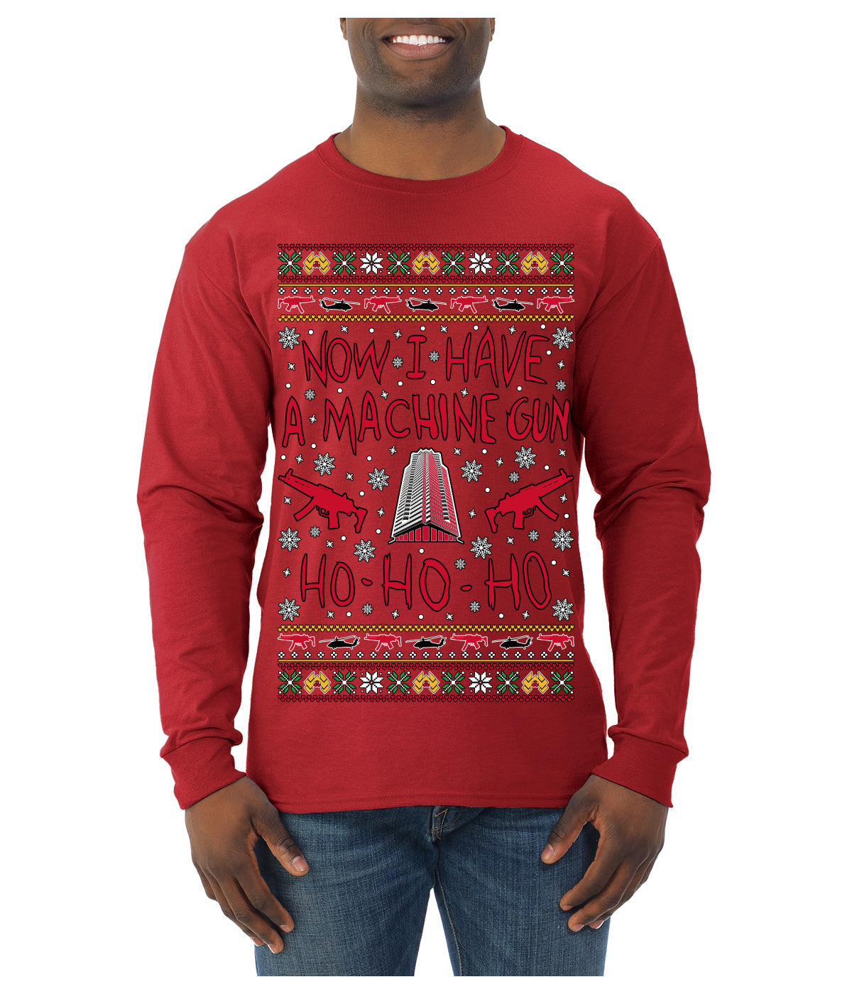 Now I Have a Machine Gun Ho Ho Ho Nakatomi Die Hard McClane Classic 80s Xmas Movie Ugly Christmas Sweater Mens Long Sleeve Shirt