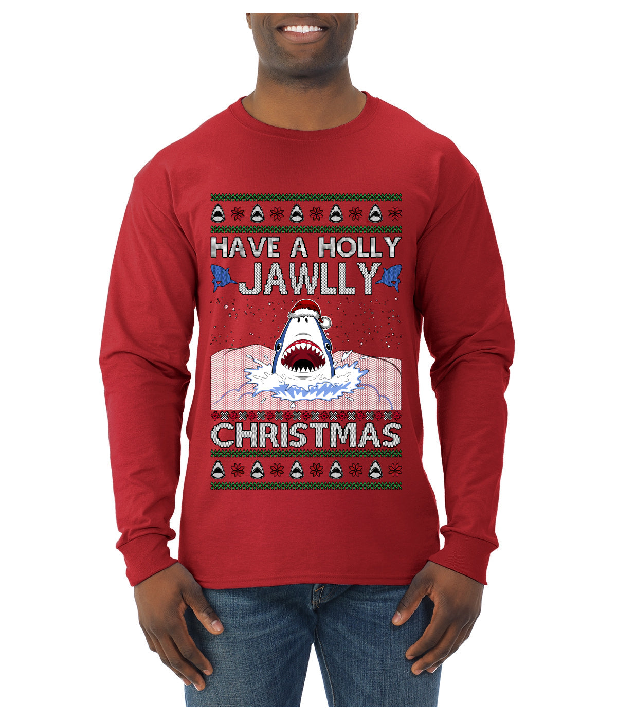 Have a Holly Jawlly Christmas, Cute Shark, Ugly Christmas Sweater Mens Long Sleeve Shirt
