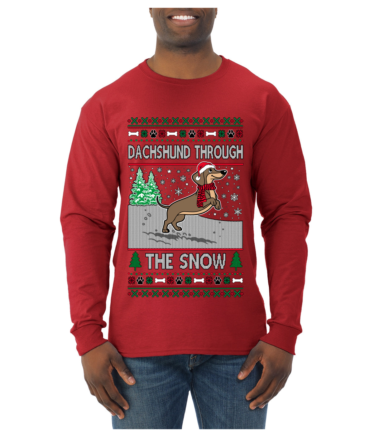 Dachshund Through The Snow, Cute Dog Christmas Sweater, Ugly Christmas Sweater Mens Long Sleeve Shirt