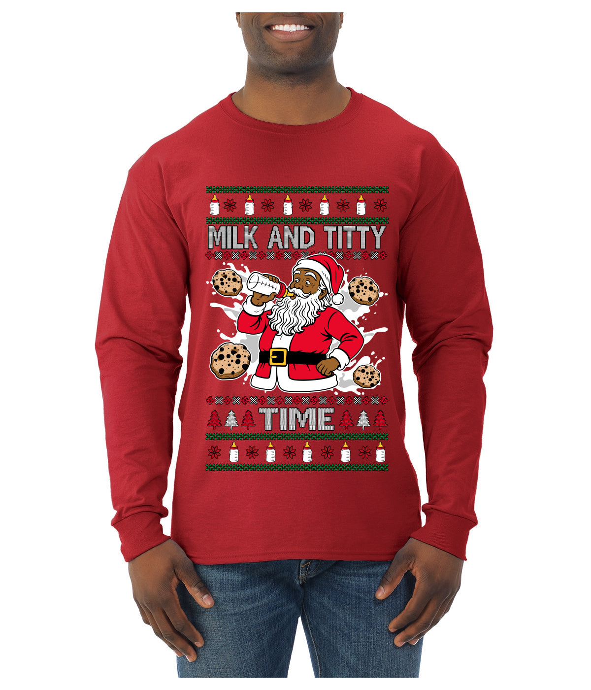 Milk And Titty Time Christmas Sweater, Ugly Christmas Sweater Mens Long Sleeve Shirt
