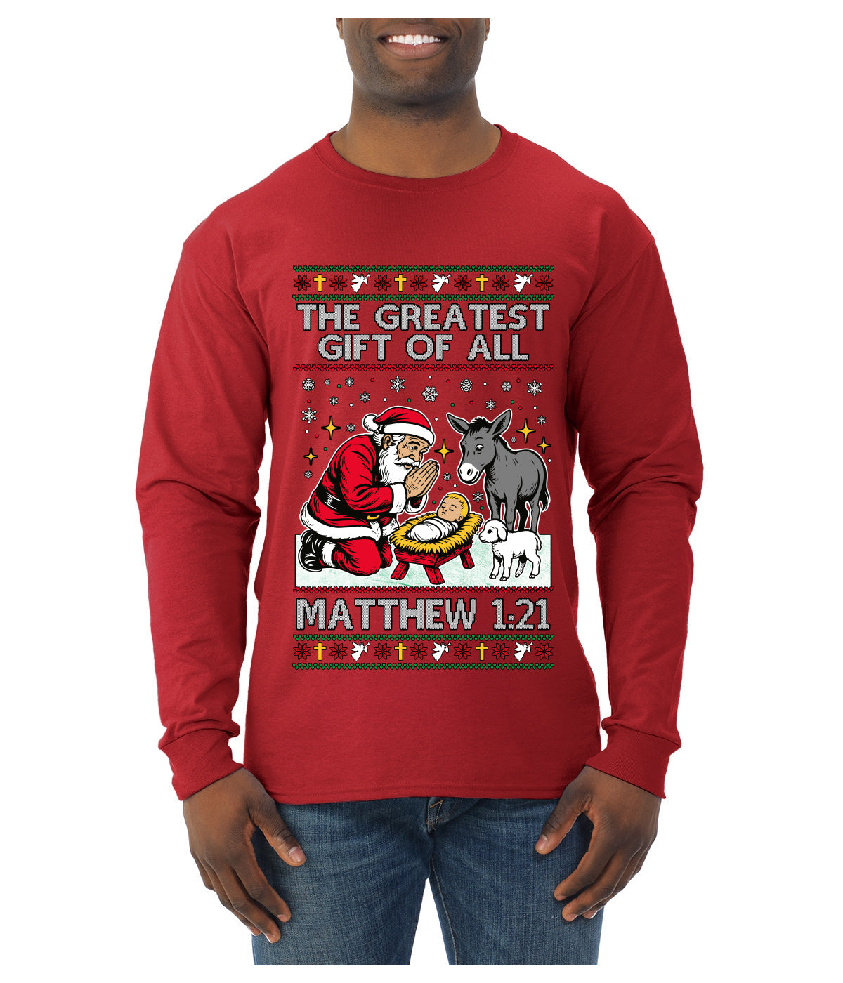 The Greatest Gift Of All Matthew 1:21, Ugly Christmas Sweater Mens Long Sleeve Shirt